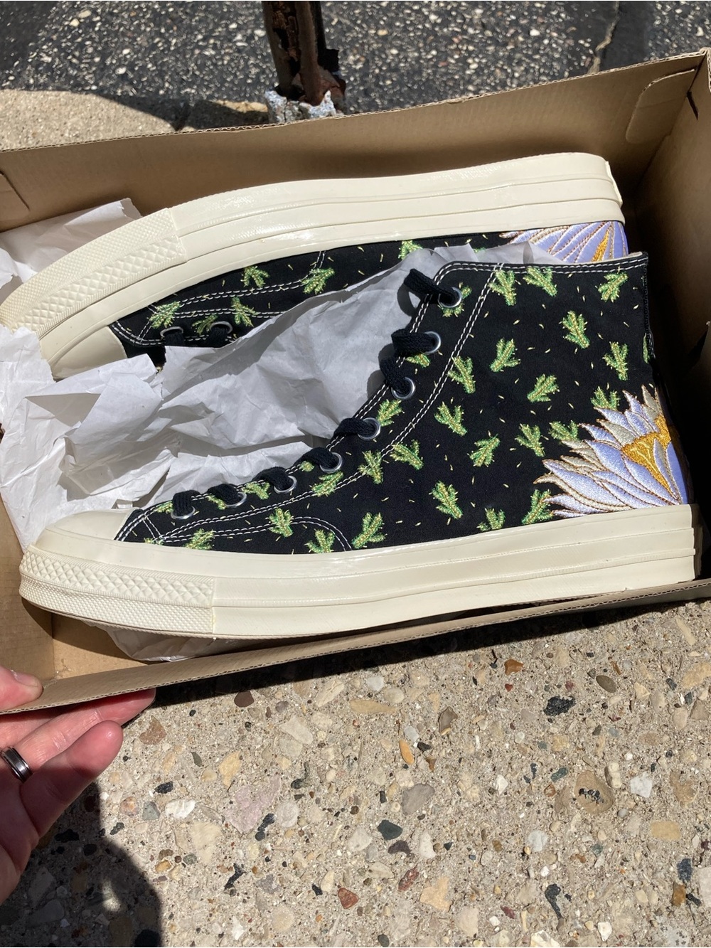 Black High-Top Canvas Sneakers with Green Cactus and Floral Embroidery
NWOT